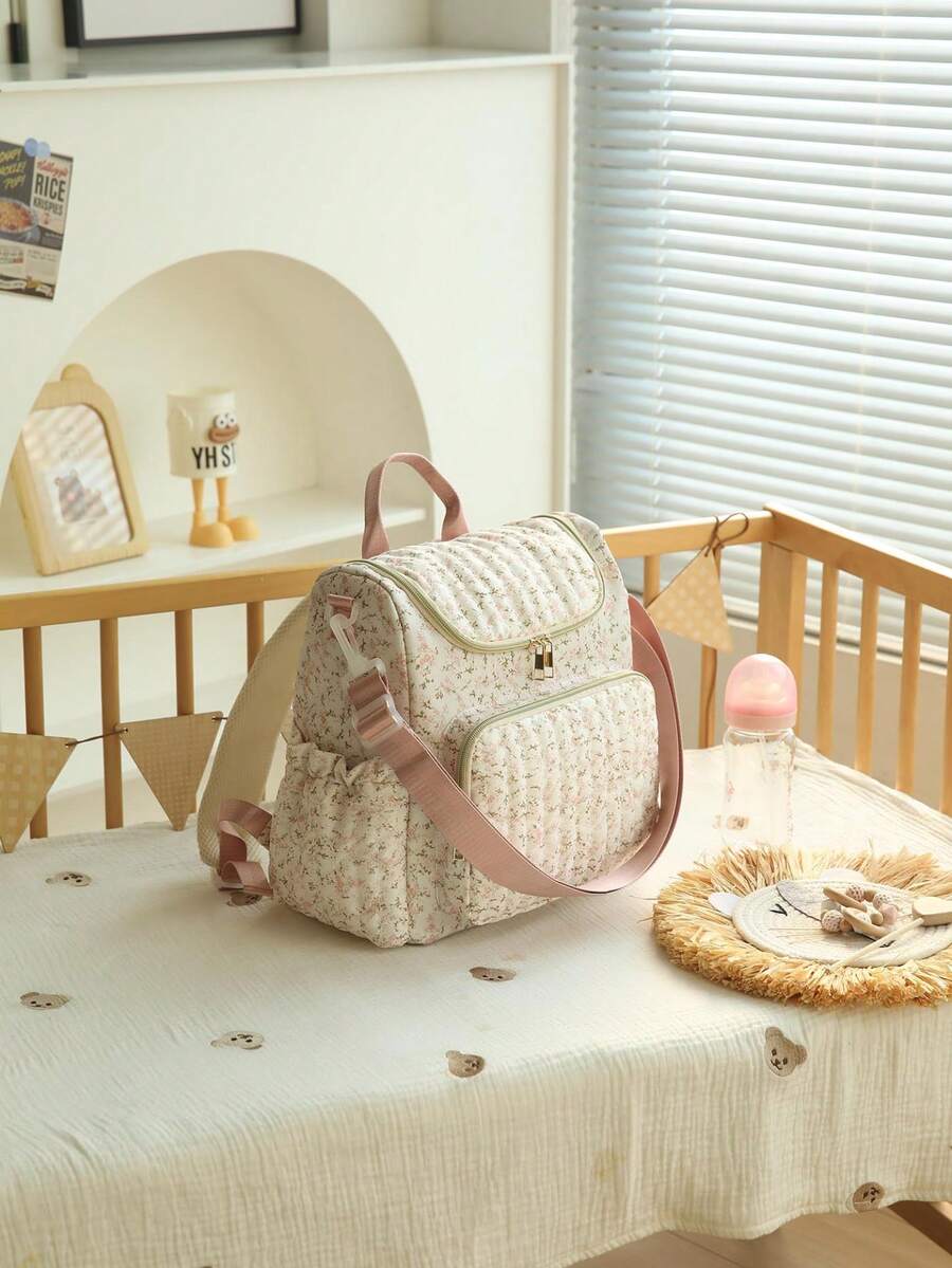1pc Ditsy Floral Multi-Functional Large Capacity Diaper Bag Backpack, Can Be Hung On Stroller, Baby Shower Gift