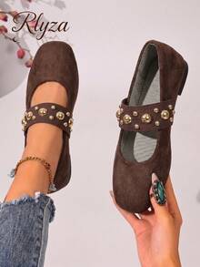 rlyza Vintage Velvet Mary Jane Shoes For Women With Metal Rivets, Round Toe, Flat Sole, Maillard Style Commuter Versatile Shoes - Brown - View 1