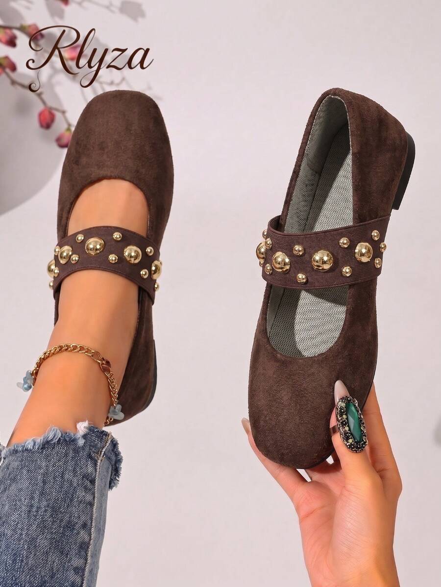 rlyza Vintage Velvet Mary Jane Shoes For Women With Metal Rivets, Round Toe, Flat Sole, Maillard Style Commuter Versatile Shoes - Brown - View 1