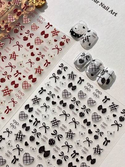 Sweet Red Maillard Color Bowknot Lattice Stripe Heart Stars Butterfly Adhesive Nail Charms DIY Winter Art Sticker Manicure Decals