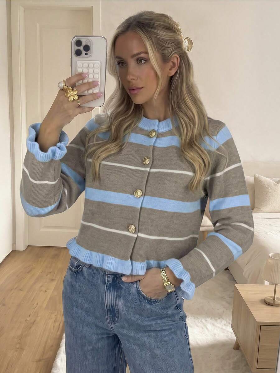 Women's Autumn/Winter Casual Elegant Ruffle Trim Colorful Striped Contrast Collar Cardigan Top, Outdoor Wear, Back To School Outfit Fall