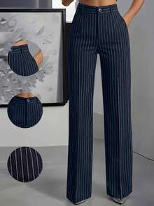 ANCHOSE Women's Casual Elastic Waist Striped Pants, Navy Blue And Pink, Spring/Summer - Navy Blue Vermicelli - View 1