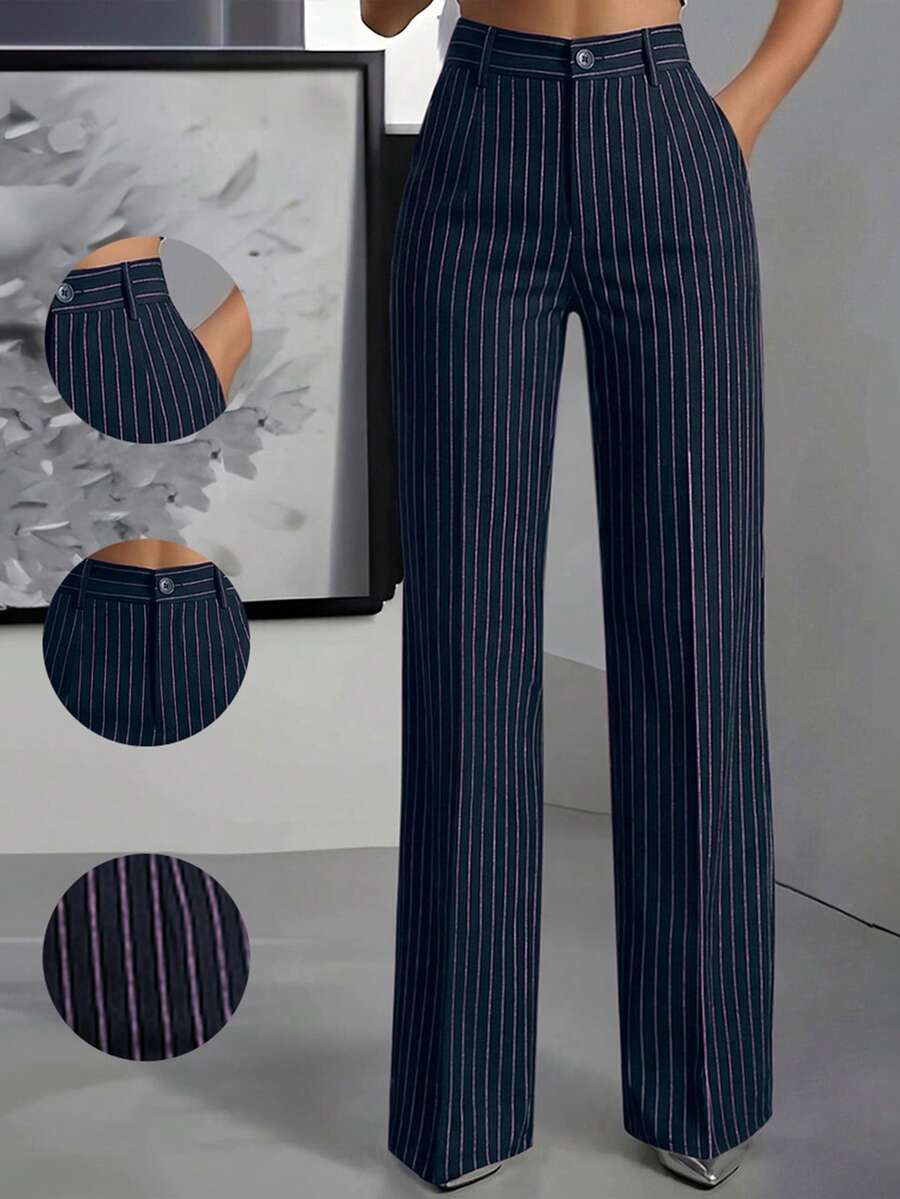 ANCHOSE Women's Casual Elastic Waist Striped Pants, Navy Blue And Pink, Spring/Summer - Navy Blue Vermicelli - View 1