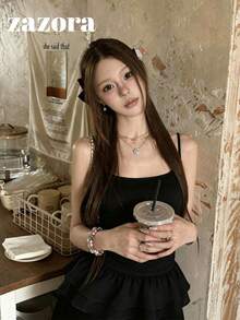 女款黑色半透荷葉邊細肩帶背心，韓系夏季疊穿內搭上衣 - 黑色 - 查看 7