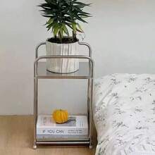 1pc Modern Stainless Steel Edge Bedside Table With Storage Space, Silver, Home Storage Rack, No Assembly Required, Height Under 27 Inches, Space-Saving Design, No Power Needed, Perfect For Sofa And Kitchen, Practical Shelf - Multicolor - View 8