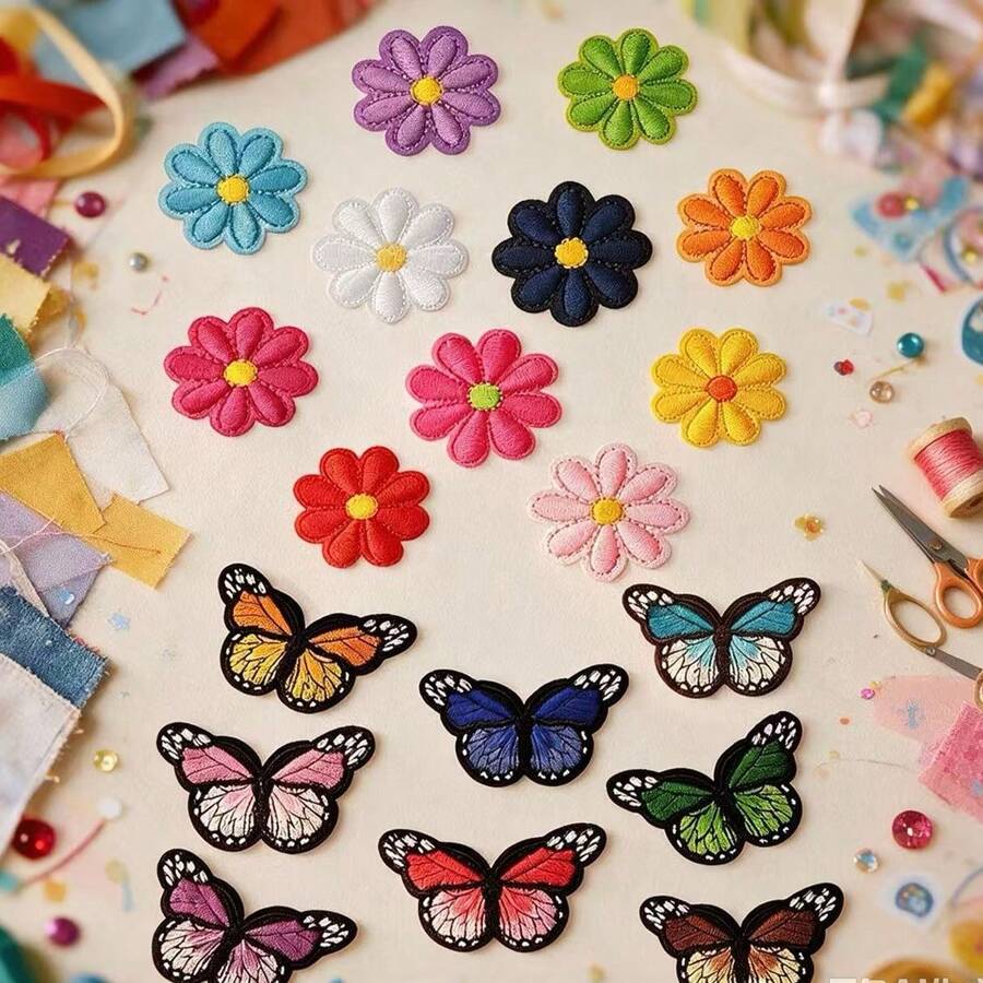 Colorful Butterfly & Flower Pattern Iron-On Embroidery Patch - Fun Design - Easy To Sew Or Iron, Durable Fabric Badge, Suitable For Personalized Jackets, Bags, Etc. - 19-pack - View 1