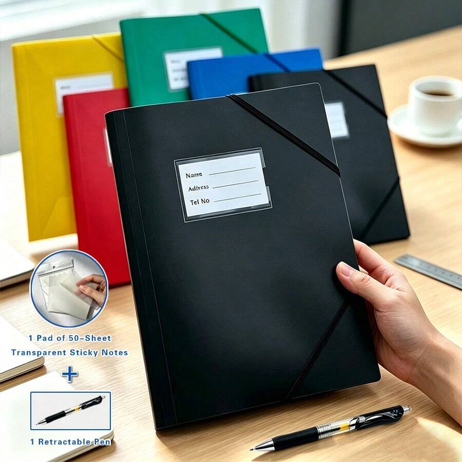 A4 Plastic Elastic Band Folder With Name Label Pocket, Document Storage Binder, Includes 1 Pack Of 50 Transparent Sticky Notes And 1 Retractable Pen, Stationery For Students, Teachers, Office, Home And School - Sets - View 1