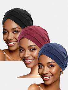 1pc/3pcs Women's Criss-Cross Elastic Beanie Hats, Skull Cap, Suitable For Daily Use Sleep Bonnet - Multicolor - View 2
