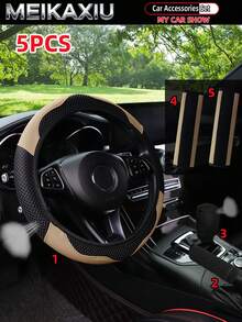 MEIKAXIU 5pcs Breathable PU Leather Diamond Mesh Steering Wheel Cover, Handbrake Cover, Gear Shift Cover, Suitable For 14.5-15 Inch Car Interior Decoration - PU Leather Mesh Style - View 15