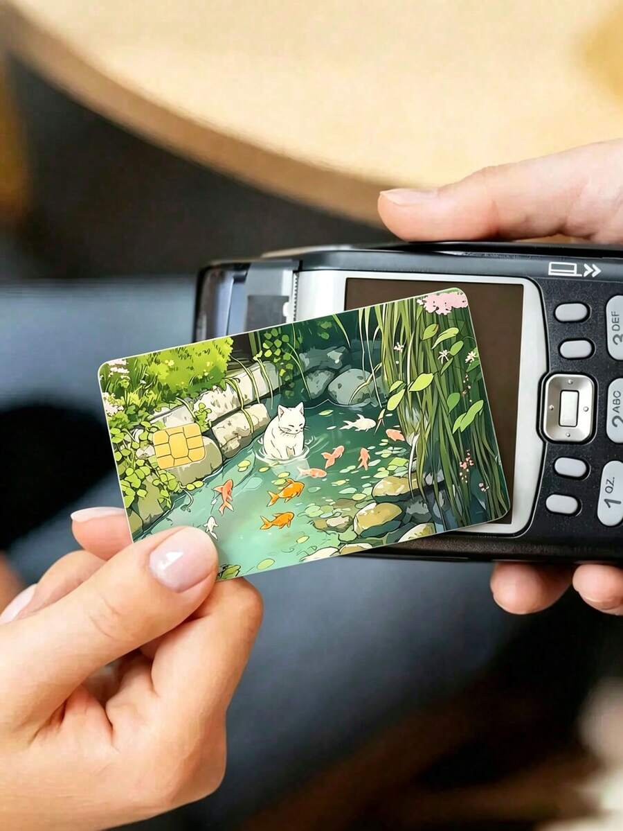 4/2pcs Cute Cat & Koi Pond Art Credit Card Skins, Paper PVC Material, Anti-Fingerprint, Scratch-Resistant, Wear-Resistant, Birthday Party Gift, Unisex, Small Chip Card, Bank Card, Credit Card, Transit Card, Access Card, Student Campus Card, Personalized DIY, Privacy Protection - Multiple Styles - View 1