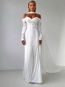 Women's Solid Color Elegant Sexy Spaghetti Strap Ruffle Slit Shawl Collar Mermaid Dress, Tailored Design Flatters Figure, Suitable For Beach Vacation, Wedding, Party, Music Festival White Spring - White - View 1
