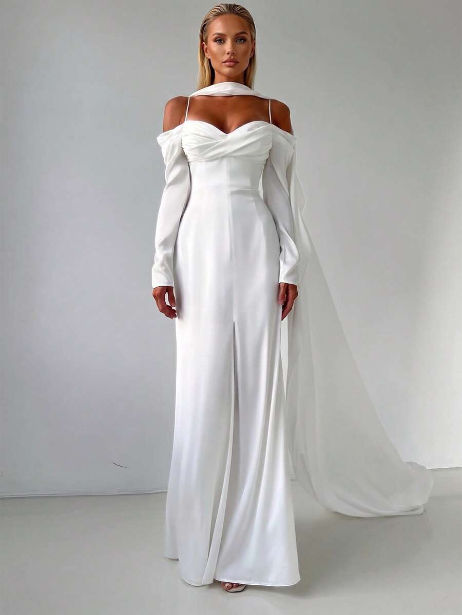 Women's Solid Color Elegant Sexy Spaghetti Strap Ruffle Slit Shawl Collar Mermaid Dress, Tailored Design Flatters Figure, Suitable For Beach Vacation, Wedding, Party, Music Festival White Spring - White - View 1