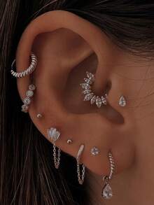 Gold Plated Multiple Piercing Earring Set, Teardrop Marquise Baguette CZ Huggie Hoop Chain Dangle Cartilage Stud Ear Cuff For Women - Silver - View 1