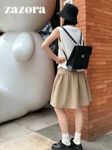 Japanese Casual Sporty Style Elastic Waist A-Line Mini Skirt For Women, Versatile Everyday Commute Simple Skirt - Khaki - View 2