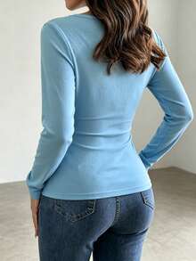 SCARLUX Autumn Y2K Women's Basic Lace Patchwork V-Neck Long Sleeve Top, Slim Fit T-Shirt, Suitable For Back To School Season Casual Daily Wear - Blue - View 2