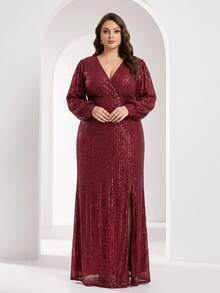 YISIKADO Sequin V-Neck Long Sleeve Ball Gown Evening Dress With High Slit Mermaid Tail - Burgundy - View 4