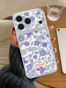 1PC Vintage Purple Floral Lychee Texture Large Window Phone Case, Artistic Fresh Style Full Coverage Protective Shell Compatible With Apple 17 Pro Max 17 Pro 17 16 Pro Max 16 Pro 16 15 Pro Max 15 Pro 15 14 13 12 11 - Multicolor - View 2