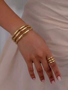 2pcs/Set Fashion Triple-Line Tubular Polished Metal Open Cuff Bracelet & Ring Jewelry Set, Suitable For Women's Daily Wear And Party Use - Gold - View 3