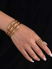 2pcs/Set Fashion Triple-Line Tubular Polished Metal Open Cuff Bracelet & Ring Jewelry Set, Suitable For Women's Daily Wear And Party Use - Gold - View 1