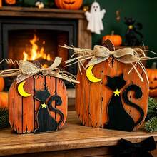 1/2pcs 3D Wooden Pumpkin & Black Cat Figurine Set, Vintage Halloween Desktop Decor, Freestanding Pumpkin Cat With Burlap Bow, Suitable For Tiered Tray, Fireplace Mantel, Indoor Home Party Decoration - Multicolor - View 8