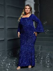 Plus Size Elegant Glamorous Royal Blue Shiny Square Neck Flare Sleeve Mermaid Party Evening Dress - Blue - View 3