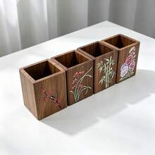 Tempat Pena Persegi dari Kayu Jati, Ember Pena Meja dengan Motif Bunga Klasik, Kotak Penyimpanan Meja Multifungsi, Cocok untuk Rumah, Kantor, Penyimpanan Alat Tulis dan Dekorasi - A - View 5