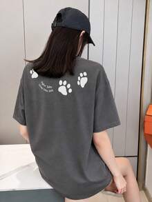 Women's Casual Round Neck Loose Fitting Letter & Puppy Print Short Sleeve T-Shirt, Versatile For Spring/Summer - Dark Grey - View 2