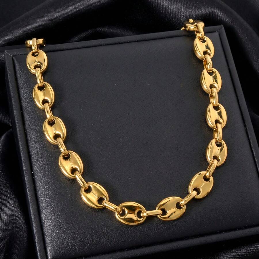 Men's Stainless Steel Minimalist Classic 18K Gold Coffee Bean 60cm Necklace, Hip-Hop Couple Chain, Fashionable Accessory For Daily, Party, All Seasons - Gold - View 1