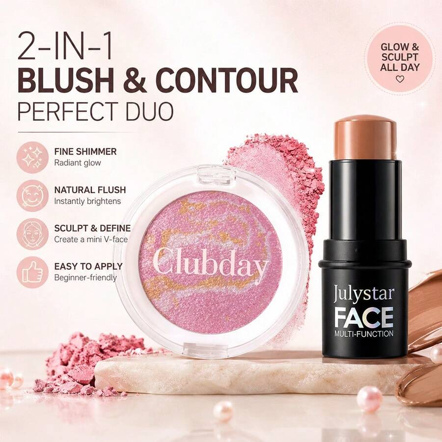 Effortless Sculpt Blush Contour Makeup Set, Marbled Baked Blush Brings Luminous Natural Flush, Contour Stick Enhances Facial 3D Effect. Lightweight Non‑Greasy Texture, Keeps Flawless All‑Day Look For Various Makeup Styles. - Set - View 1