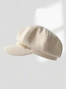 Waffle Octagonal Newsboy Cap, Black, Metal Buckle Decor, Vintage Casual Style, Autumn/Winter - Multicolor - View 7