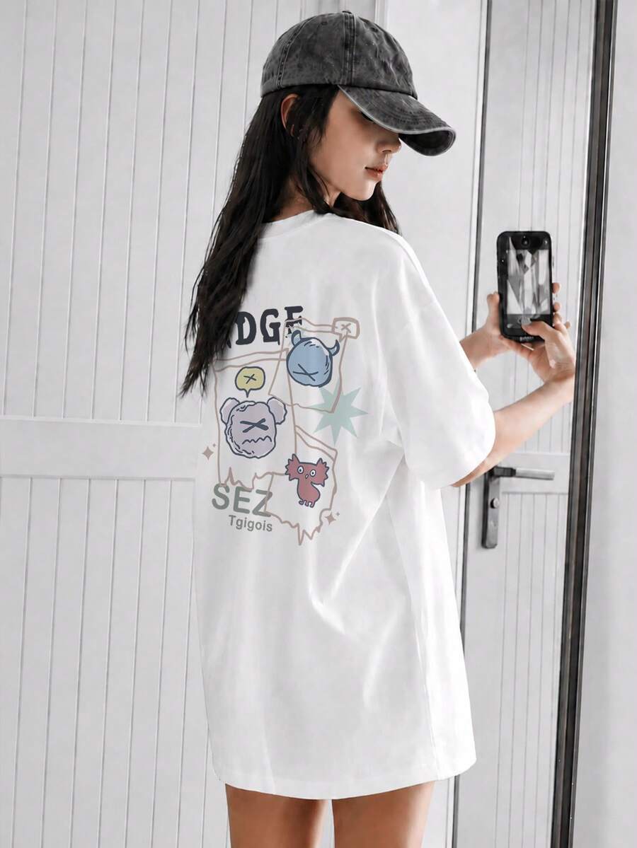 Japanese Style Women's Round Neck Loose Casual Versatile Cartoon Print Short Sleeve T-Shirt, Spring/Summer White - White - View 1