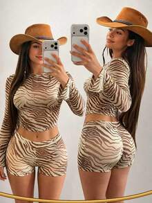 Fall Casual Set For Women Date Night Brown Short 2 Pieces Set Club Animal Print Pants Set Going Out Outfit Women - Brown - View 5