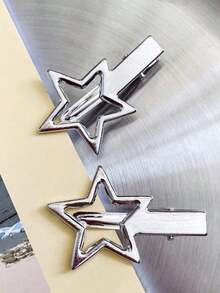 2pcs Women's Star Metal Bangs Clips, Casual Short Hair Hair Clips, Date Side Clips, Five-Point Star Pair Clips, Simple Versatile Star Hair Clips For Women Side Bangs Clip - Silver - View 2