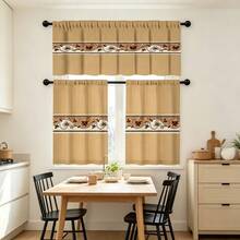 2pcs/1pc Kitchen Curtain Set, Khaki Solid Base Vintage Scroll Floral Border Stripe Pattern Printed Curtain Combination, 2D Flat Print, Pole Pocket Layered Curtain, Suitable For Kitchen, Restaurant, Home Decoration, Window Curtain Decor - Multicolor - View 8
