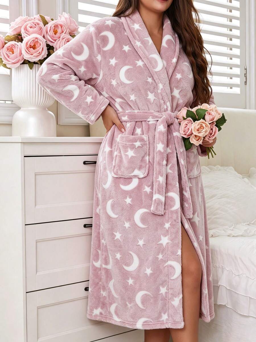 Plus Size Women's V-Neck Long Sleeve Flannel Thickened Robe, Casual Star & Moon Pattern With Belt, Long Robe Loungewear For Autumn/Winter - Dusty Pink - View 1