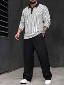 Men's Plus Size Set, Autumn Long Sleeve Casual Plus Size Polo Set For Men, Textured Plus Size Men's Clothing Suitable For Daily Wear - Black and White - View 7