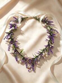 1pc Women's Bohemian Style Purple Artificial Flower Wreath With Pearl & Crystal Pendant Bridal Wedding Party Headband - Multicolor - View 2