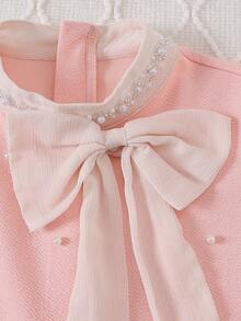 Autumn Girls' Fashion Elegant Round Neck Pearl Decor Large Bow Chiffon Long Sleeve Dress - Pink - View 4