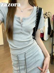 Light Gray Thin Low Neck Short Sleeve T-Shirt Women Korean Style Slim Fit Cropped Top - Light Grey - View 4