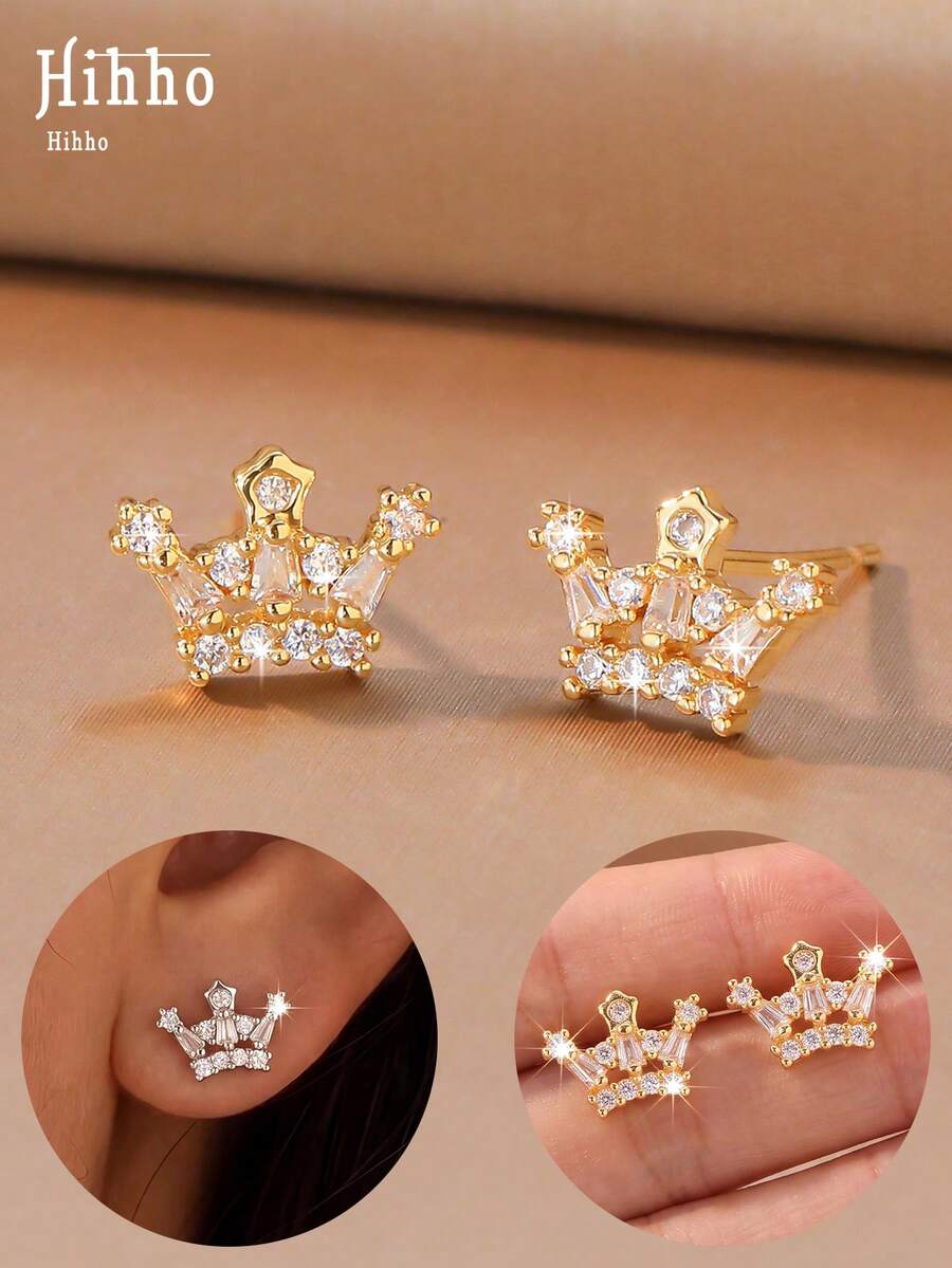 Hihho 2pcs/Set Luxury Style Women's Earrings Suitable For Commute, Date, Evening Party, Holiday Party Wear - crown - View 1
