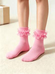 1/3/5 Pairs Cute Women's Knitted Mid-Calf Socks With Shiny Sequins And Transparent Layered Lace Ruffle Trim, Sweet Lolita Princess Style - Pink - View 3