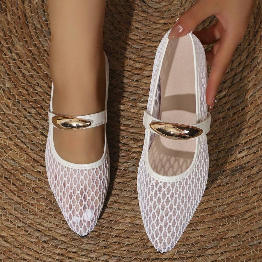 Women's Breathable Mesh Metal Buckle Decor Solid Color Pointed Toe Strap Flat Mary Jane Shoes French Gentle Style Daily Commute Summer White Mesh Low Vamp Shoes - White - View 1