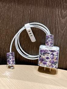 Purple Floral Crystal Watercolor Full Print Pattern, For IPhone18W/20w Transparent Charger Protective Case For IPhone13/14/15 Charger Protective Case 20W Charger Protective Set, Charging Cable Head Protective Case. Gift, Transparent Protective Case, Charger Protective Shell - Multicolor - View 1