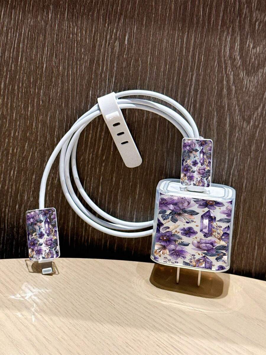 Purple Floral Crystal Watercolor Full Print Pattern, For IPhone18W/20w Transparent Charger Protective Case For IPhone13/14/15 Charger Protective Case 20W Charger Protective Set, Charging Cable Head Protective Case. Gift, Transparent Protective Case, Charger Protective Shell - Multicolor - View 1