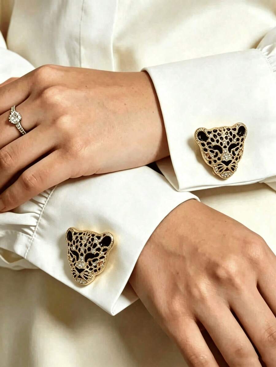 2pcs Leopard Print Shirt Buttons, Floral Sleeve Clips, Suitable For Dresses, Weddings, Formal Gowns, Fashion Accessories Gifts - Gold - View 1