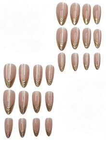 24pcs Minimalist Gold-Plated French Cat Eye Almond Shaped Press-On Nails, With Tool Kit, Suitable For Autumn/Winter Wear, Nail Art Supplies - Gold - View 2