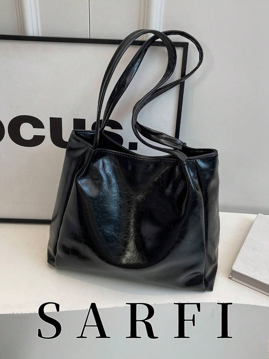 Minimalist Solid Color Glossy Women's Handbag, Modern Commuter Style Shoulder Bag, Large Size Suitable For Shopping And Commuting