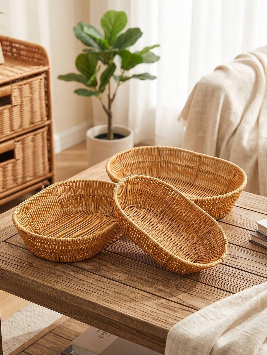 3pcs/1pc Handmade Woven Rattan Tray, Woven Rattan Fruit Basket, Snack Plate, Woven Tray, French Fry Plate, Fried Chicken Plate, Fruit Basket, Woven Oval Shallow Plate, Outdoor Picnic Plate, BBQ Plate, Reusable Portable Tableware For Breakfast, Beverage, Coffee Table, Farm House Decoration And Storage