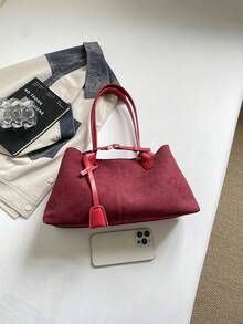 女款肩背包、女款托特包、復古啞光大包、秋季新款、啞光麂皮、優雅肩背包、新款休閒大包、時尚標籤裝飾、大容量多用途雙手提休閒托特肩背包，通勤購物女包 - 酒紅色 - 查看 4