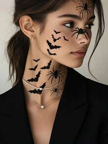 6pcs Halloween Theme Temporary Tattoos, Bat, Spider, Witch Pattern Design, Waterproof Long-Lasting Fake Tattoo Stickers, Suitable For Face, Neck, Arm Body Art Fake Tattoos, Unisex - Black - View 4